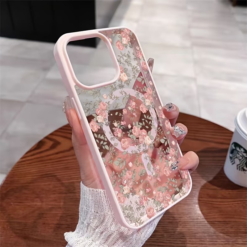 Clear Shockproof Bumper Case - Funda Magnética Transparente Rosa con Rosas